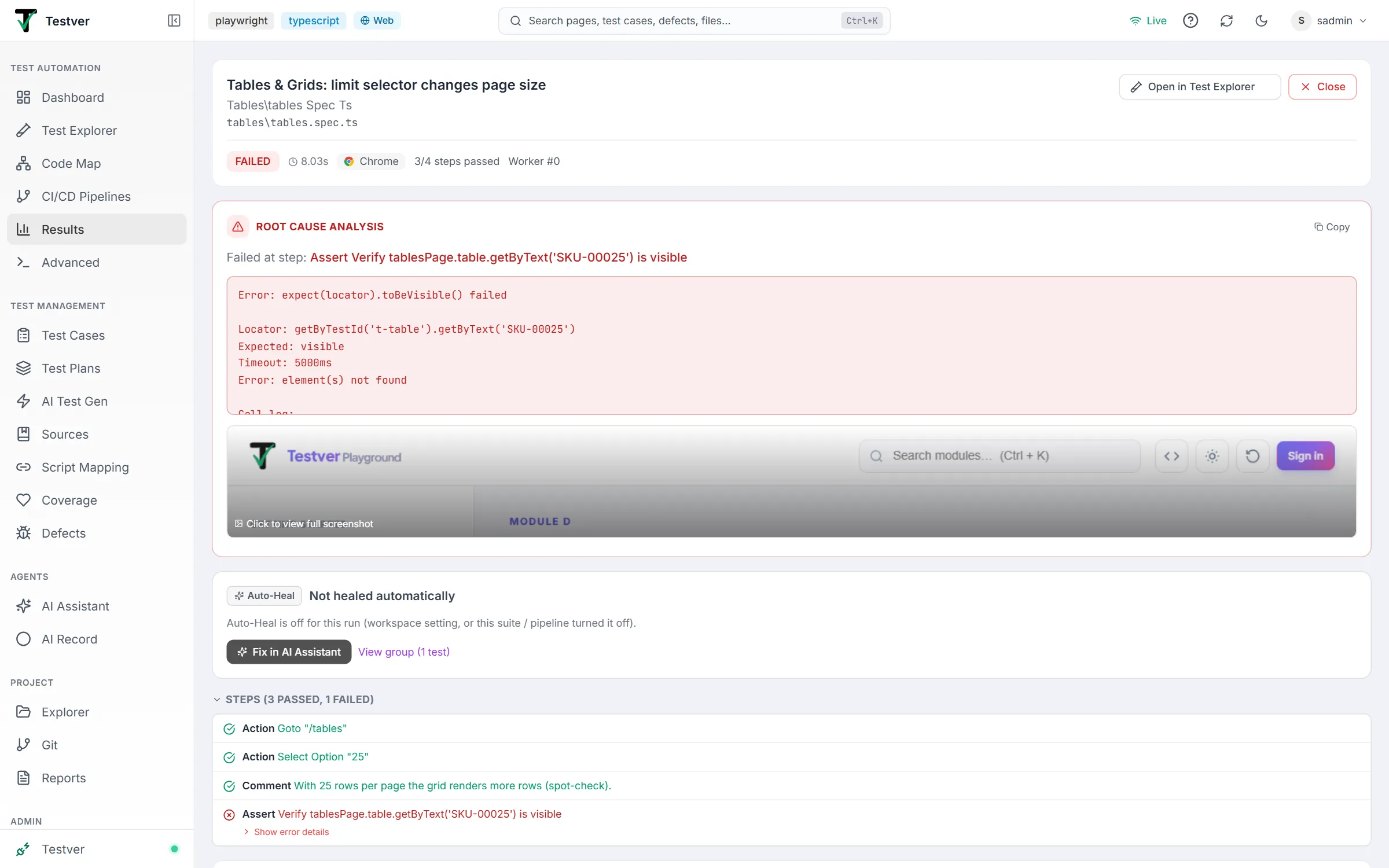 Test detail panel for a failed test — header with Open in Test Explorer and Close, Root Cause Analysis with the failure screenshot, the Not healed Auto-Heal card, and the Steps list