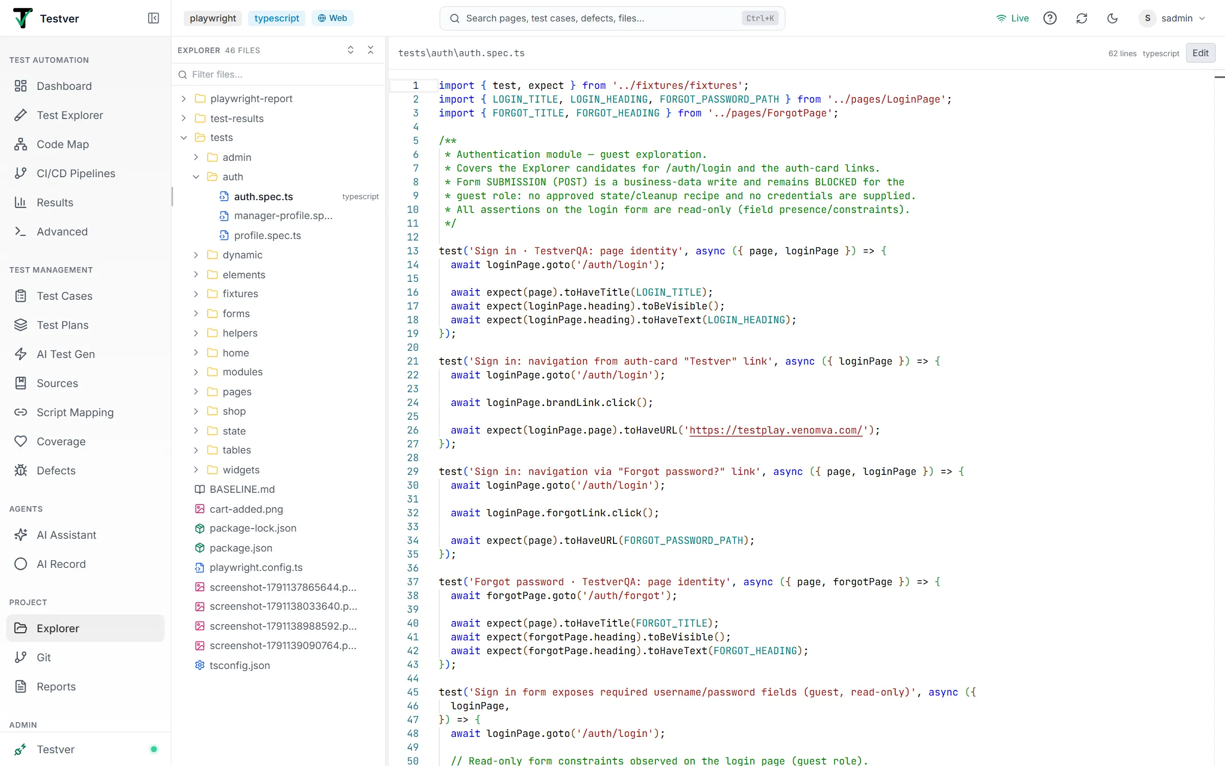 tests/auth/auth.spec.ts selected in the tree (highlighted, with its typescript badge) and shown with syntax highlighting and line numbers