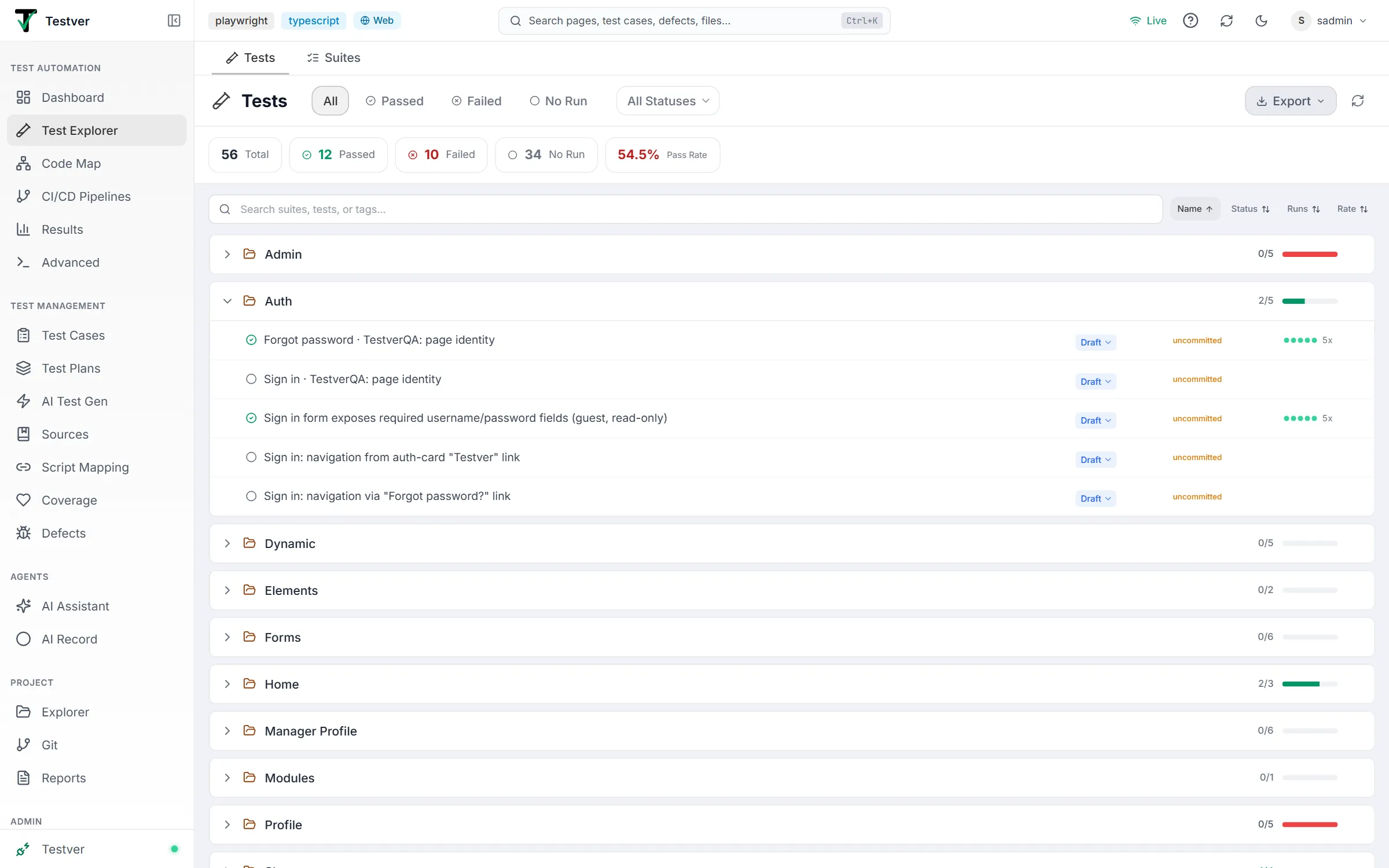 Test Explorer list view with the Auth suite expanded, showing test rows with status icons, script-status pills, uncommitted markers, run-history dots and run counts