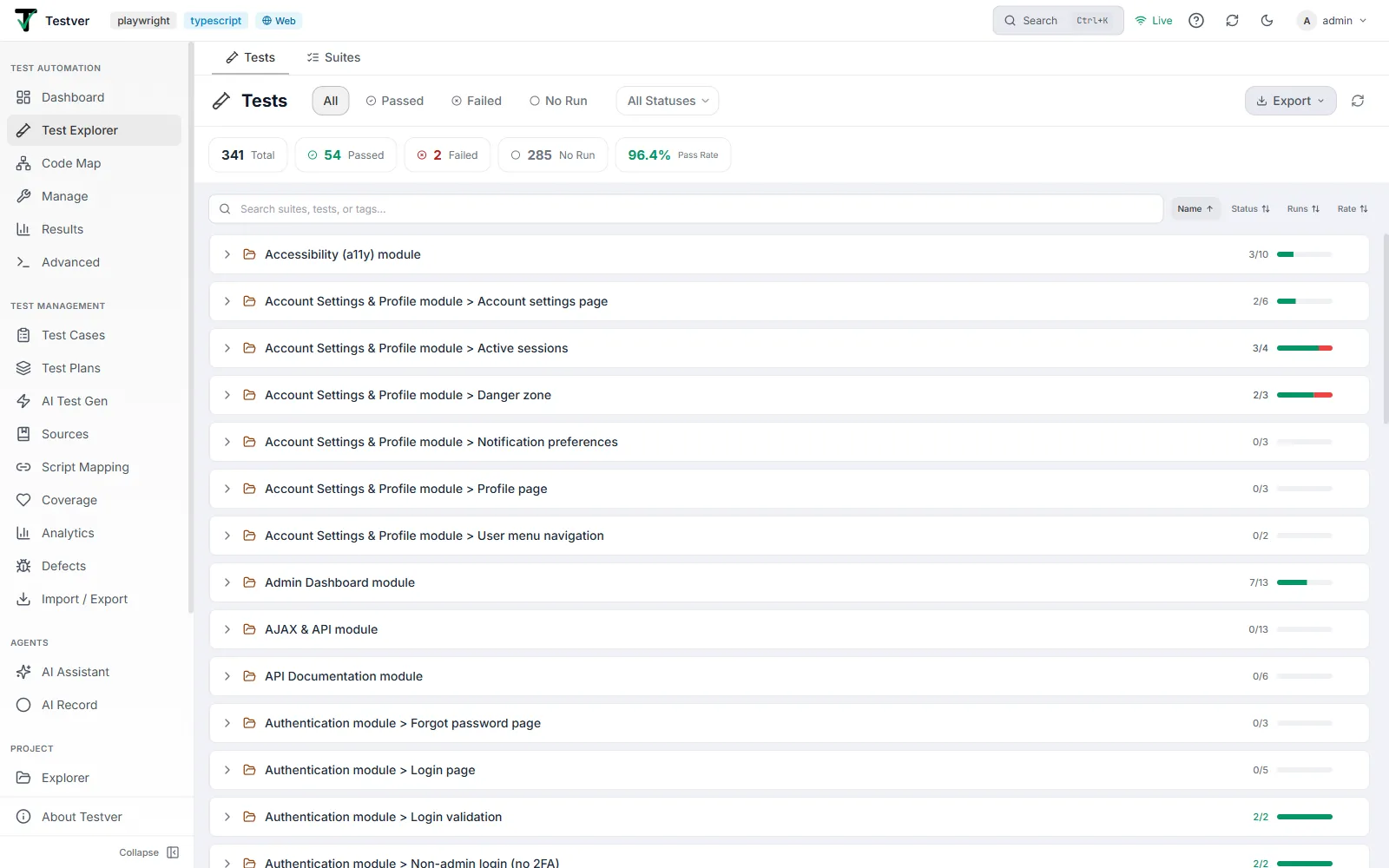 The Tests tab of the Test Explorer