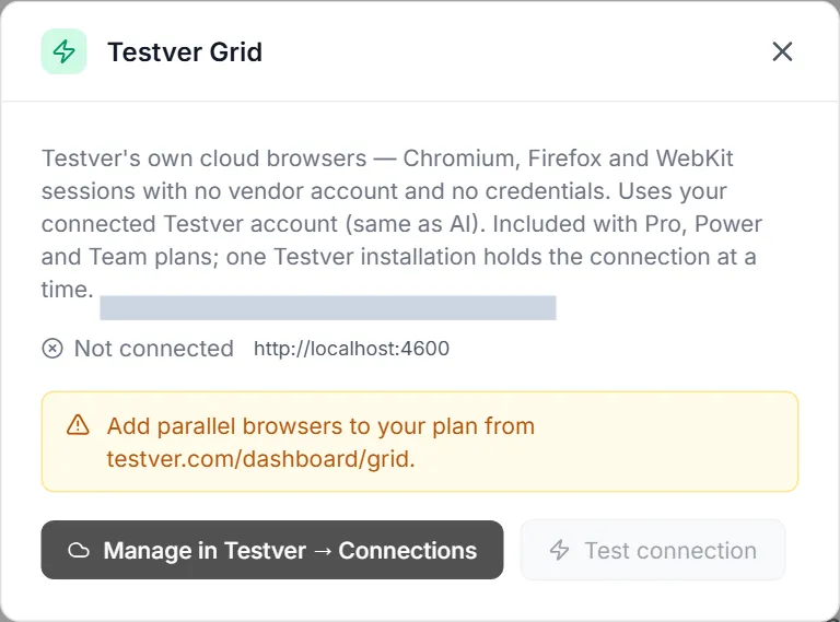 Testver Grid panel — what the grid is, the connection status, a plan notice, and the Manage in Testver → Connections and Test connection buttons