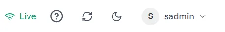 Top-bar controls — Live status, help, rescan, the moon-shaped theme toggle and the user menu
