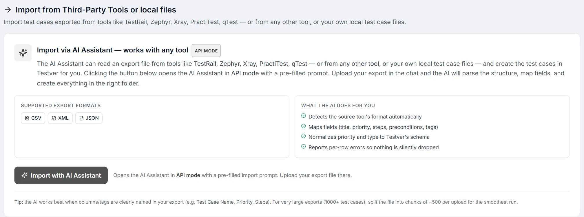 Import via AI Assistant card — supported export formats, what the AI does, and the Import with AI Assistant button