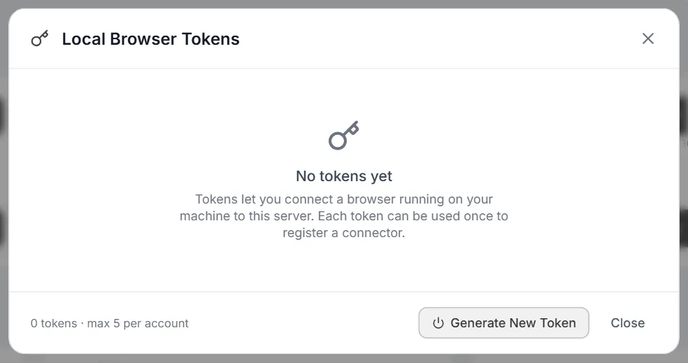 Local Browser Tokens modal with no tokens yet, the 0 tokens · max 5 per account count, Generate New Token and Close