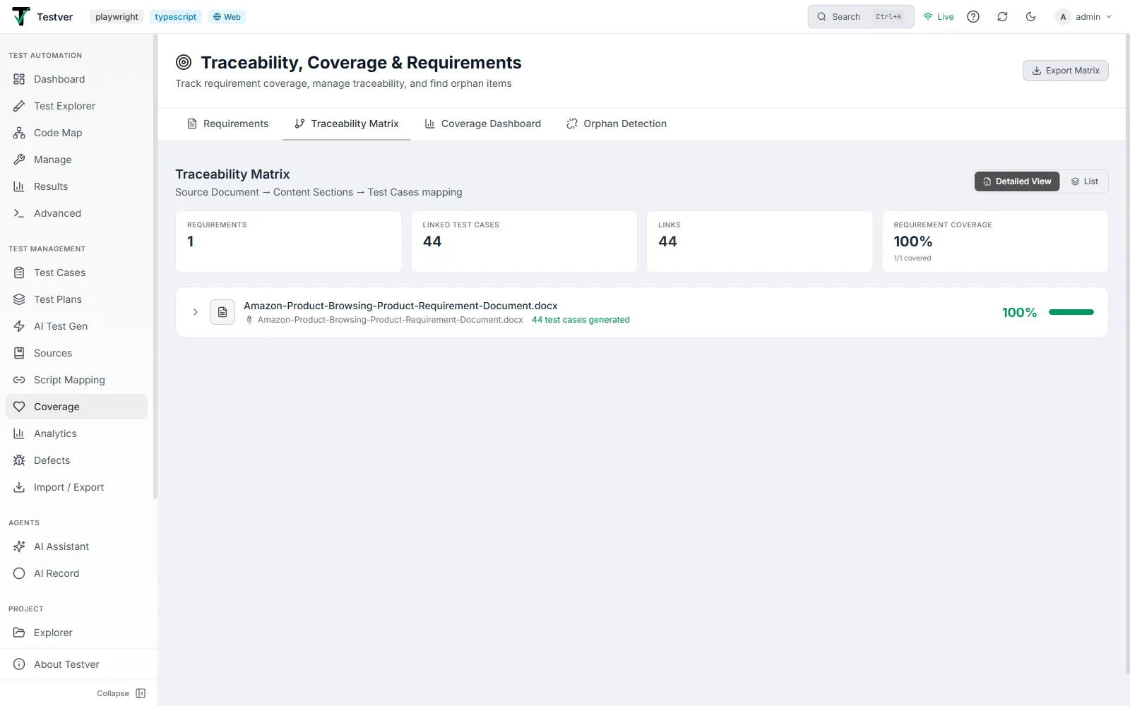 The Traceability Matrix tab