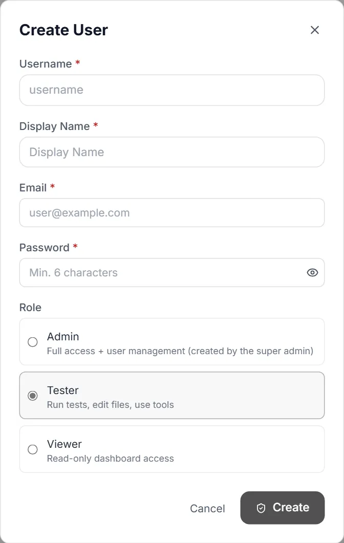 Create User dialog — Username, Display Name, Email and Password fields, and Admin, Tester (selected) or Viewer role cards