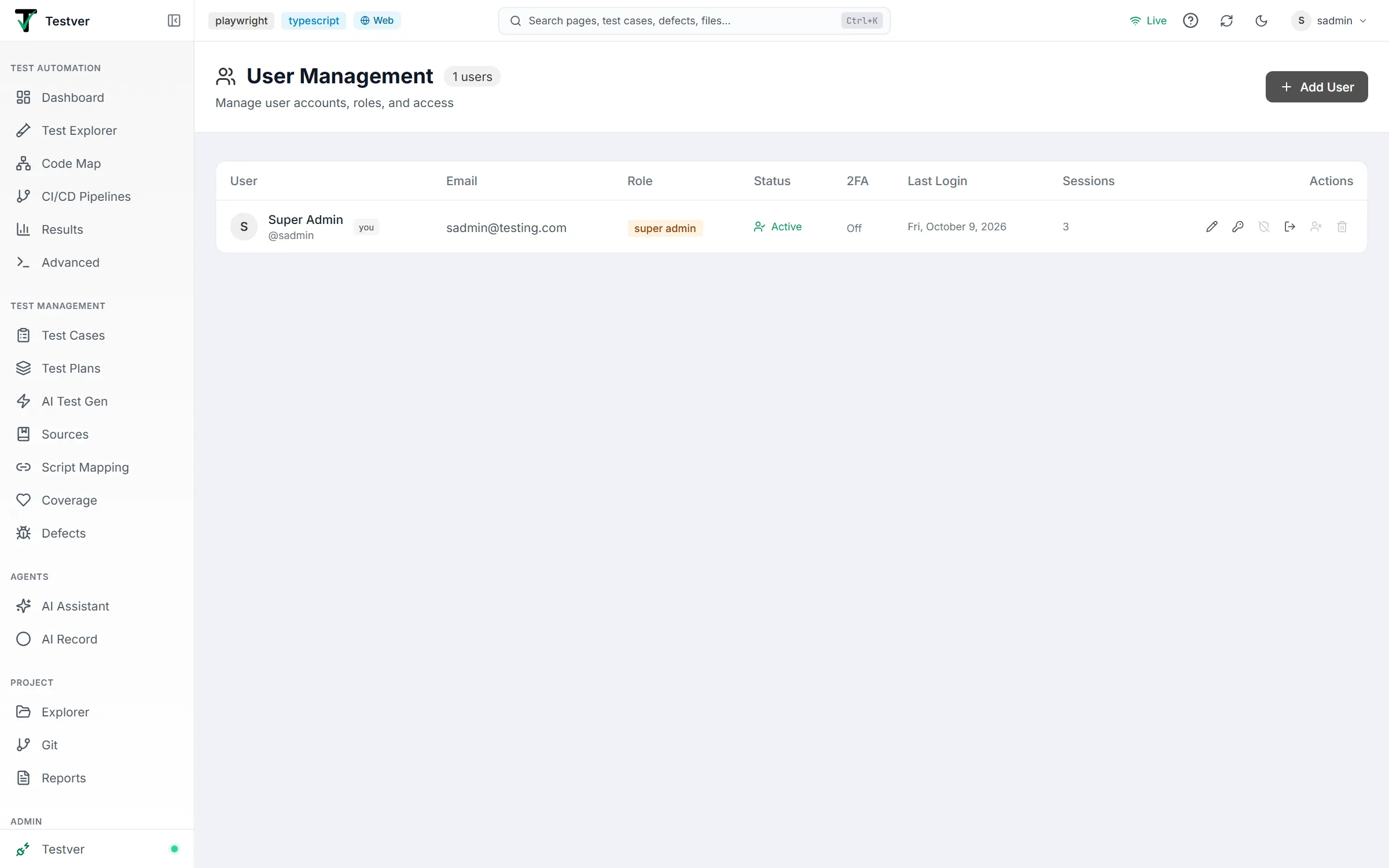 The User Management screen — user count, Add User button and the user table