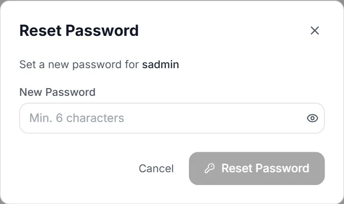 Reset Password dialog — Set a new password for the user, with a New Password field and the Reset Password button