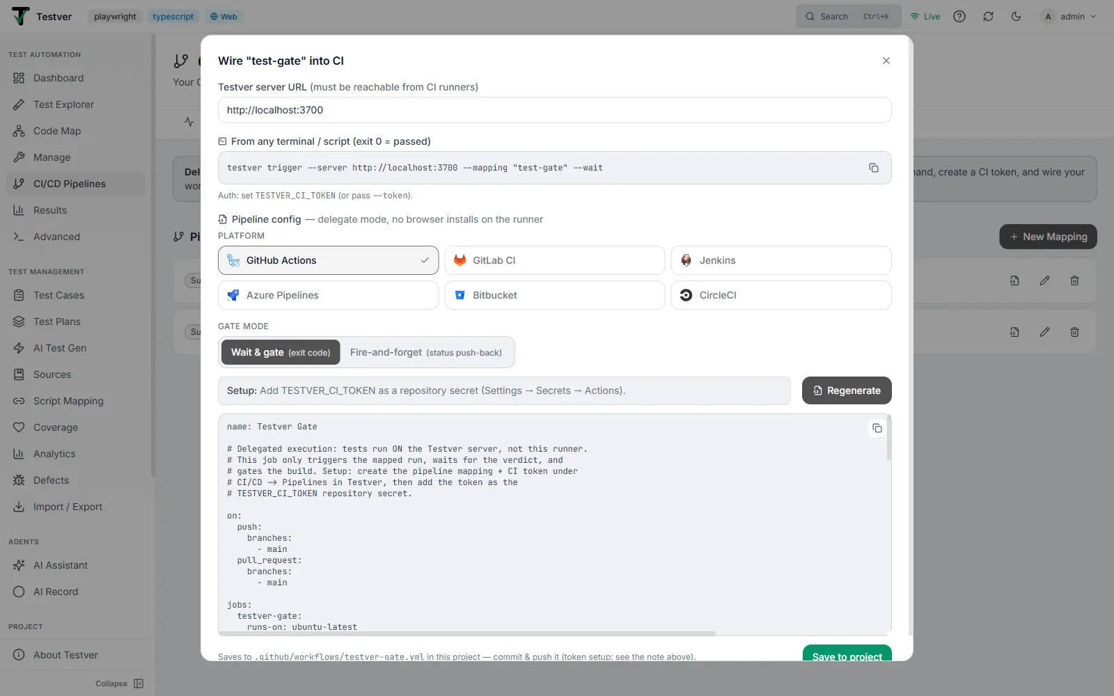 Wire into CI dialog — CLI snippet, platform picker, gate mode toggle, and the generated workflow preview